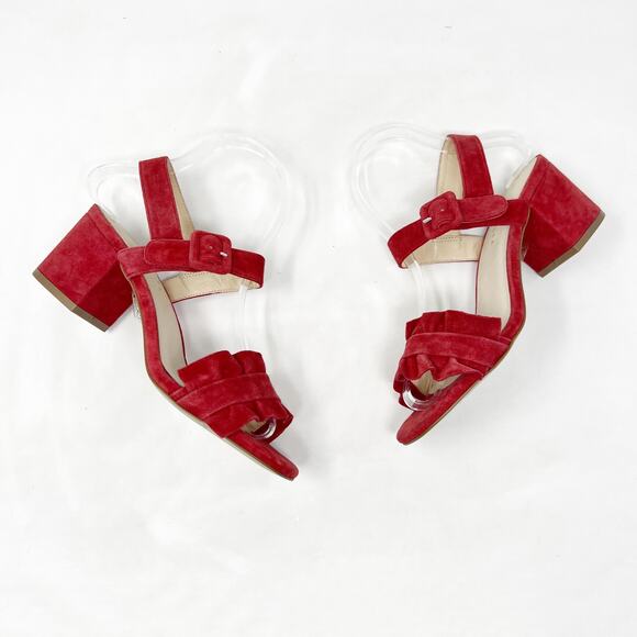 [E8 By Miista] Red Suede Leather Sandie Ruffle Strap Block Heel Sandals Size 5.5 - Picture 8 of 12
